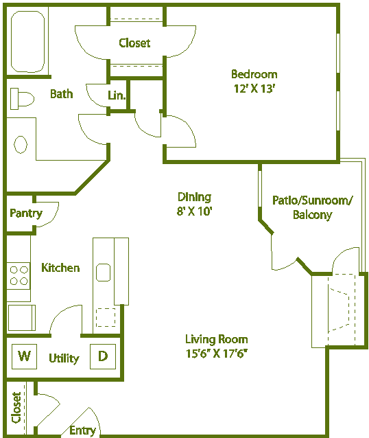 Floor plan for 1 bed, 1 bath, 778 sqft